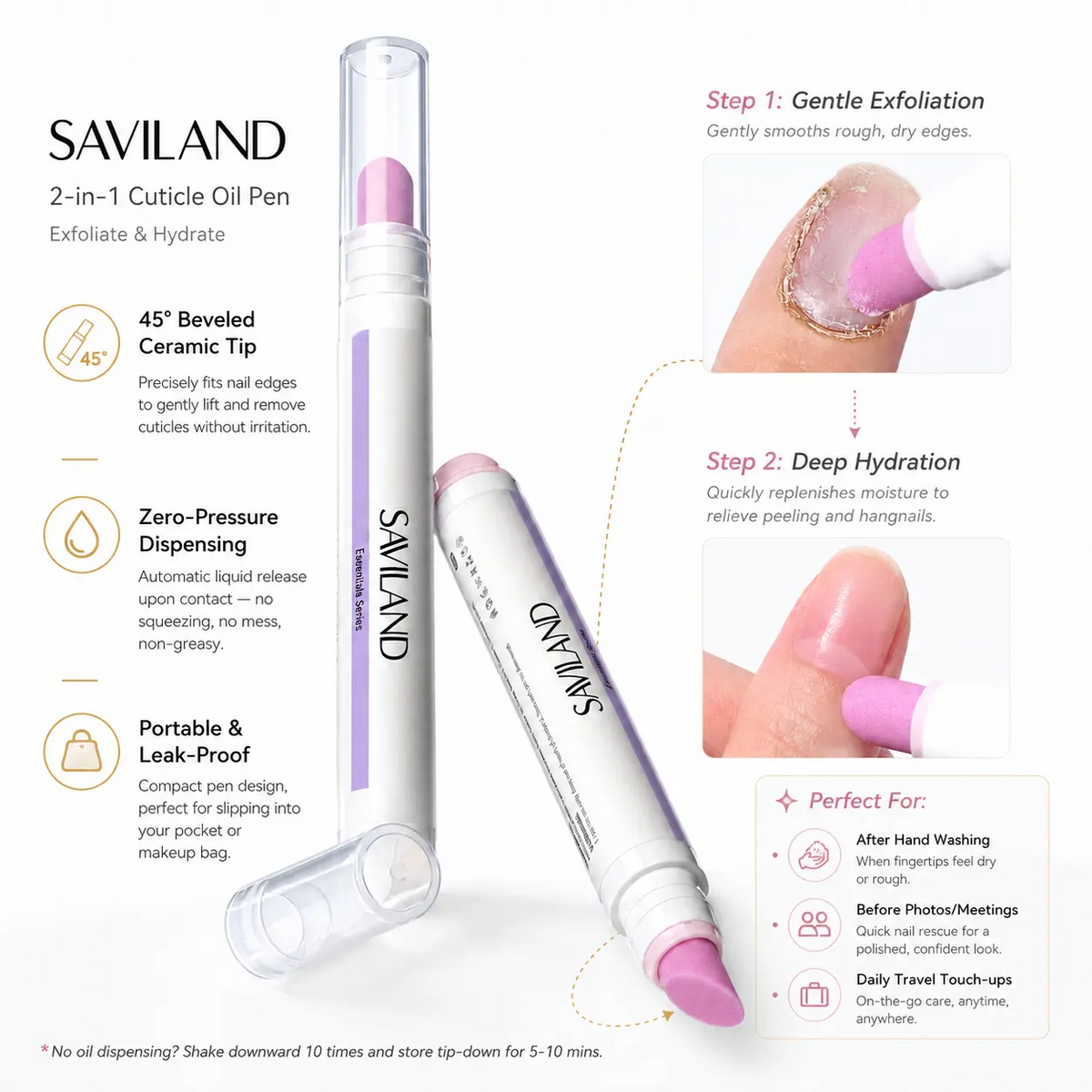SAVILAND 2-Pack Cuticle Remover Pen | 45° Ceramic Tip, Hydrating Nail Care