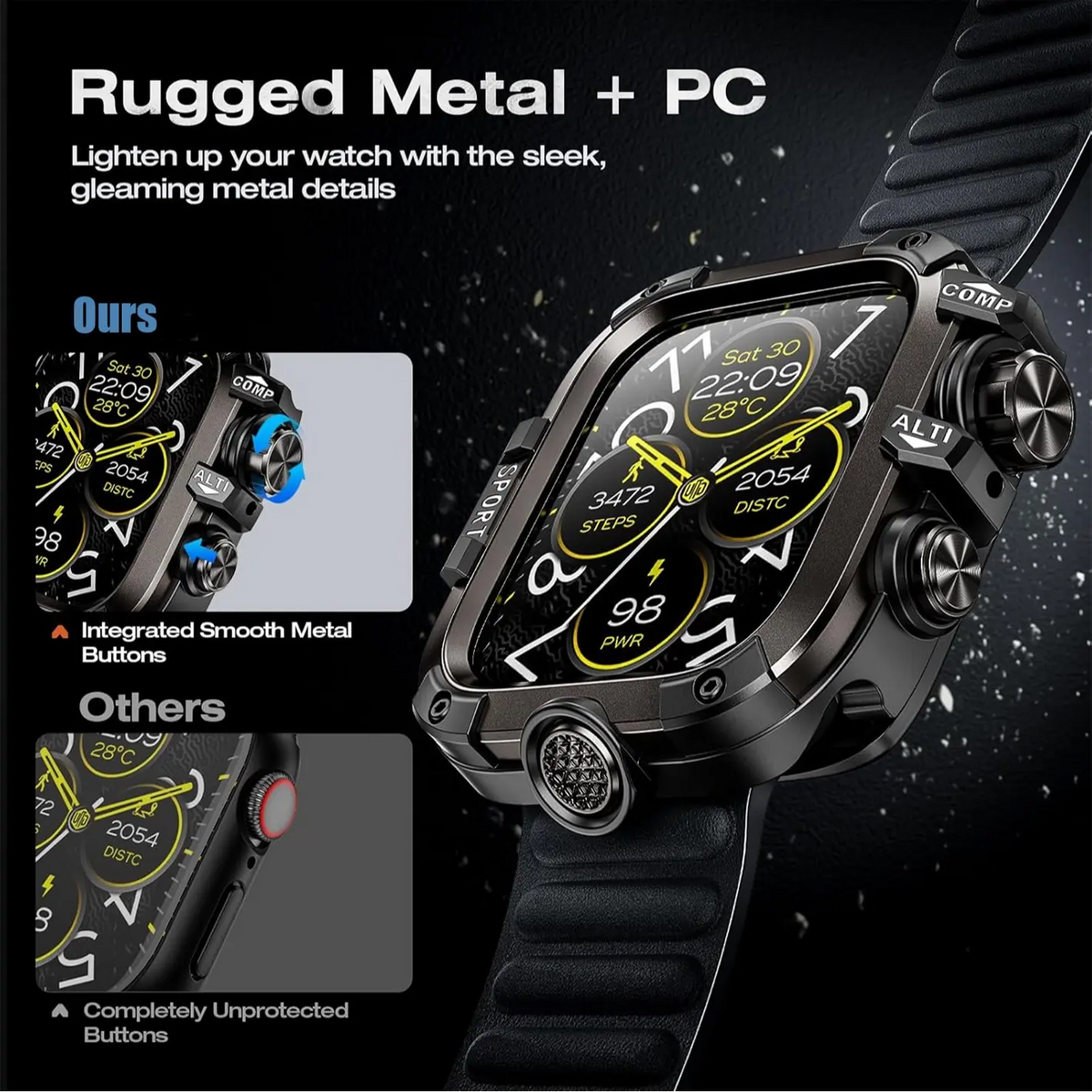 Armor Rugged Durable Metal & Polycarbonate Smart Watch Protective Case, Wearable Accessory, 360° Anti-Collide Bumper, Sensitive Touch, Compatible with Series 11/10/9/8/7/6/5/4, Ultra 3/2/1, SE 2/1, Fits 49mm/46mm/45mm/44mm Sizes, Smart Watch Accessories,
